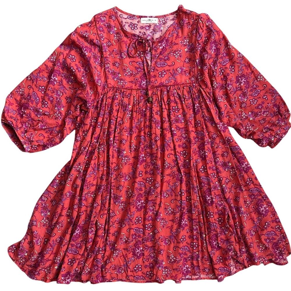 Natural Life Tunic Peasant Babydoll Mini Dress Red Purple Size Medium - Picture 9 of 10